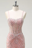 Peach Spaghetti Straps Mermaid Beaded Tulle Long Prom Dresses Formal Evening Gowns HZ1024