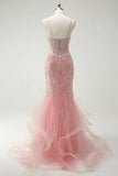 Peach Spaghetti Straps Mermaid Beaded Tulle Long Prom Dresses Formal Evening Gowns HZ1024