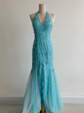 Mermaid Blue Tulle Prom Dresses Halter Gorgeous Beaded Backless Evening Gowns HZ1024