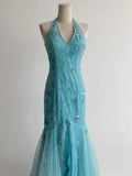 Mermaid Blue Tulle Prom Dresses Halter Gorgeous Beaded Backless Evening Gowns HZ1024