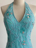Mermaid Blue Tulle Prom Dresses Halter Gorgeous Beaded Backless Evening Gowns HZ1024