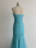 Mermaid Blue Tulle Prom Dresses Halter Gorgeous Beaded Backless Evening Gowns HZ1024