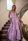 Pink Strapless A-Line Jacquard Satin Prom Dresses Formal Evening Gowns HZ1024