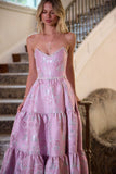 Pink Strapless A-Line Jacquard Satin Prom Dresses Formal Evening Gowns HZ1024