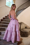 Pink Strapless A-Line Jacquard Satin Prom Dresses Formal Evening Gowns HZ1024