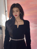 Hepburn style retro velvet square collar black long skirt HZ1024