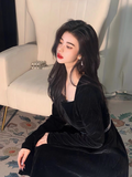 Hepburn style retro velvet square collar black long skirt HZ1024