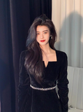 Hepburn style retro velvet square collar black long skirt HZ1024