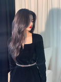 Hepburn style retro velvet square collar black long skirt HZ1024
