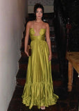 Chartreuse Party Dress with Spaghetti Straps A-Line Satin Formal Evening Gowns HZ1024
