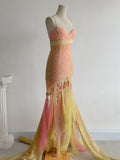 Pink Yellow Tulle Mermaid Spaghetti Straps Beaded Long Prom Dresses Vintage Formal Evening Gowns HZ1024