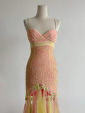 Pink Yellow Tulle Mermaid Spaghetti Straps Beaded Long Prom Dresses Vintage Formal Evening Gowns HZ1024