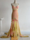 Pink Yellow Tulle Mermaid Spaghetti Straps Beaded Long Prom Dresses Vintage Formal Evening Gowns HZ1024