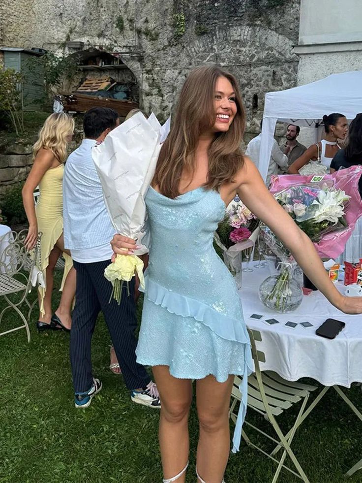 Blue Sheath Spaghetti Strap Short Outdoor Party Outfit Summer Birthday Dresses HZ1024