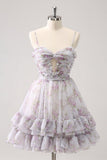 Printed Chiffon A-Line Spaghetti Strap Party Dress Short Homecoming Dress HZ1024