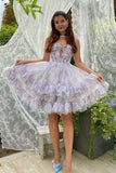 Printed Chiffon A-Line Spaghetti Strap Party Dress Short Homecoming Dress HZ1024