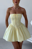 Butter Yellow Satin Lace Strapless A-Line Short Prom Dresses Homecoming Dresses HZ1024