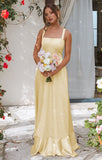 Butter Yellow A-Line Long Prom Dresses Straps Satin Bridesmaid Dresses HZ1024