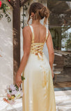 Butter Yellow A-Line Long Prom Dresses Straps Satin Bridesmaid Dresses HZ1024
