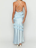 Sky Blue Sheath Spaghetti Straps Satin Ruffles Long Prom Dresses Backless Party Dress HZ1024