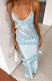 Sky Blue Sheath Spaghetti Straps Satin Ruffles Long Prom Dresses Backless Party Dress HZ1024
