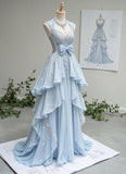 Light Blue V-Neck Chiffon A-Line Sequins Long Prom Dresses Formal Evening Gowns HZ1024