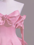 Pink A-Line Off Shoulder Satin Train Wedding Dress Formal Evening Gowns HZ1024