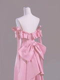 Pink A-Line Off Shoulder Satin Train Wedding Dress Formal Evening Gowns HZ1024