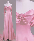 Pink A-Line Off Shoulder Satin Train Wedding Dress Formal Evening Gowns HZ1024
