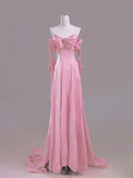 Pink A-Line Off Shoulder Satin Train Wedding Dress Formal Evening Gowns HZ1024