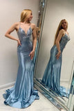 Grey Blue V Neck Mermaid Glitter Backless Satin Long Prom Dresses Formal Evening Gowns HZ1024