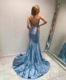Grey Blue V Neck Mermaid Glitter Backless Satin Long Prom Dresses Formal Evening Gowns HZ1024