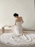 White Strapless Lace Applique A-Line Wedding Dress HZ1024