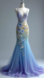 Ombre Purple Mermaid V Neck Tulle Applique Long Prom Dresses Stunning Evening Dress HZ1024