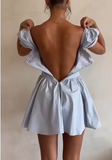 Sky Blue Square Neck Satin Corset A-Line Party Dresses Short Prom Dresses HZ1024