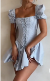 Sky Blue Square Neck Satin Corset A-Line Party Dresses Short Prom Dresses HZ1024