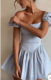 Sky Blue Square Neck Satin Corset A-Line Party Dresses Short Prom Dresses HZ1024