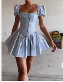 Sky Blue Square Neck Satin Corset A-Line Party Dresses Short Prom Dresses HZ1024