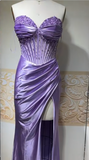 Lilac Sweetheart Neck Mermaid Satin Beading Long Prom Dresses Formal Evening Gowns HZ1024