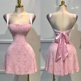 Pink A-Line Square Neck Homecoming Dress Chiffon Embroidered Bow Open Back Short Prom Dresses HZ1024