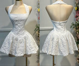 White A-Line Halter Homecoming Dress Jacquard Satin Open Back Short Prom Dresses HZ1024