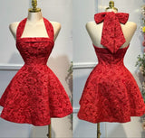 Red A-Line Halter Neck Homecoming Dress Jacquard Satin Open Back Short Prom HZ1024