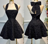Red A-Line Halter Neck Homecoming Dress Jacquard Satin Open Back Short Prom HZ1024