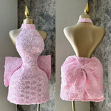 Pink A-Line Halter Neck Homecoming Dress Chiffon Applique Open Back Short Prom Dresses HZ1024