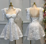 White A-Line Sweetheart Neck Homecoming Dress Tulle Lace Appliques Open Back Short Prom Dresses HZ1024