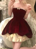 Red Velvet A-Line Strapless Homecoming Dress Tulle Two-Piece Short Prom Dresses with Bow HZ1024