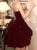 Red Velvet A-Line Strapless Homecoming Dress Tulle Two-Piece Short Prom Dresses with Bow HZ1024