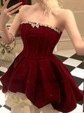 Red Velvet A-Line Strapless Homecoming Dress Tulle Two-Piece Short Prom Dresses with Bow HZ1024