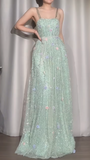 Mint Green Straps A-Line Chiffon Beaded Long Prom Dresses with Appliques Sweet Birthday Evening Gowns HZ1024