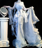 Grey Blue Mermaid Tulle Halter Embroidery Applique Long Prom Dresses HZ1024